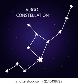 Das Sternbild von Virgo mit hellen Sternen. Eine Konstellation auf dunkelblauem Hintergrund des kosmischen Himmels. Vektorgrafik.