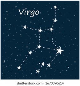 Constellation of Virgo in night starry sky. Vector stock illustration in cartoon style. Can be used as planetarium poster, postcard.