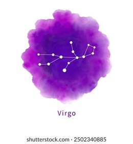 Constellation Virgo on a bright purple watercolor stain isolated on a white background. Zodiac sign, horoscope symbol on handmade watercolor texture. Vector illustration.