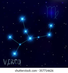 The Constellation Of Virgo. Starry sky. Dark blue background of space. Bright shining stars. Zodiac constellation. Astrological sign. Vector illustration.