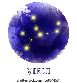 The Constellation Of Virgo. Starry sky. Dark watercolor background of space. Bright shining stars. Zodiac constellation. Astrological sign. Vector illustration.