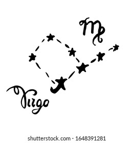 Constellation Virgo. vector illustration. Zodiac sign, symbol and calligraphic name drawn by hand on a white background. Doodle style. For horoscopes, postcards, and astrological books.