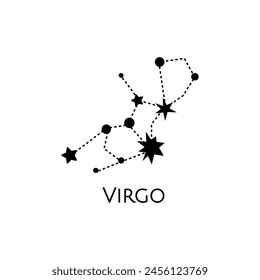 Constellation of Virgo. Vector illustration. Zodiac sign. Black and white stars. Line art tattoo, Spirituality, magic