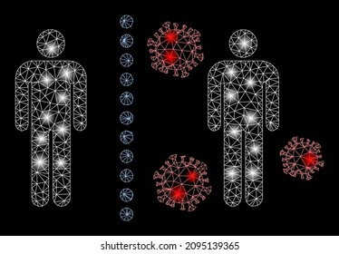 Constellation wire frame virus shield wall icon with light spots on a black background. Illuminated vector constellation is based on virus shield wall glyph,