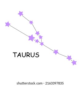 Constelación del signo zodiaco Taurus. Constelación aislada de fondo blanco. Una ilustración minimalista de estrellas moradas en la constelación Taurus.