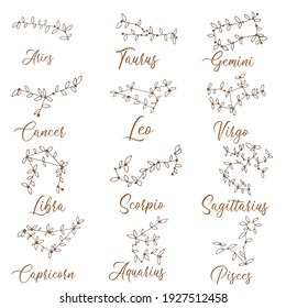 Constelaciones para los 12 signos del zodiaco, hechas en forma de ramas de árbol, ramas.