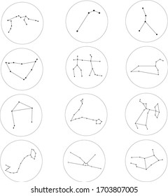 
the constellations of all the zodiac signs are black on a white background (Aries, Taurus, Gemini, Cancer, Leo, Virgo, Libra, Scorpio, Sagittarius, Capricorn, Aquarius, Pisces). Vector graphics