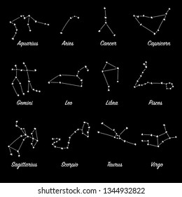Constellations of astrological signs, astronomical star clusters. Night sky stars astronomy.