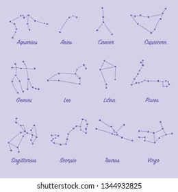 Constellations of astrological signs, astronomical star clusters. Night sky stars astronomy.