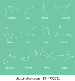 Constellations of astrological signs, astronomical star clusters. Night sky stars astronomy.