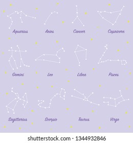 Constellations of astrological signs, astronomical star clusters. Night sky stars astronomy.