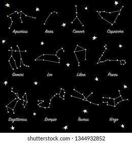 Constellations of astrological signs, astronomical star clusters. Night sky stars astronomy.