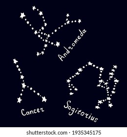 Constellations Cancer, Andromeda, Sagitarius. Vector illustration in doodle style. Hand drawn astrological images