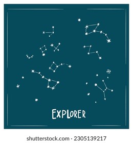 Constellations in cartoon style on a dark blue background. Handwritten inscription - explore.