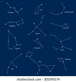 Constellations: cassiopeia, big dipper, cepheus, lyra, grus, cygnus, triangulum, cetus, corona borealis, columba, lepus, delphinus, vector illustration