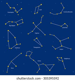 Constellations: cassiopeia, big dipper, cepheus, lyra, grus, cygnus, triangulum, cetus, corona borealis, columba, lepus, delphinus, vector illustration