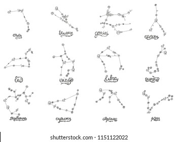 Constellations, collection of 12 zodiac signs with titles. Aries, Taurus, Leo, Gemini, Virgo, Scorpio, Libra, Aquarius, Sagittarius, Pisces, Capricorn, Cancer. Vector, isolated on white background
