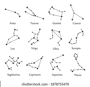 Constellations, collection of 12 zodiac signs with titles. Aries, Taurus, Leo, Gemini, Virgo, Scorpio, Libra, Aquarius, Sagittarius, Pisces, Capricorn, Cancer. Vector, isolated on white background