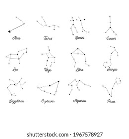 Constelaciones, colección de 12 signos zodiacos con títulos. Aries, Taurus, Leo, Gemini, Virgo, Scorpio, Libra, Aquarius Sagittarius Pisces Capricorn Cáncer