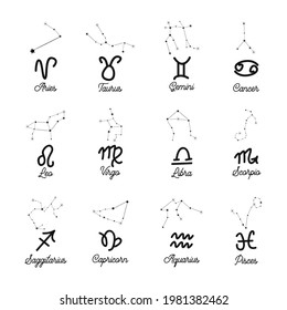 Constellations, collection of 12 zodiac signs with titles. Aries, Taurus, Leo, Gemini, Virgo, Scorpio, Libra, Aquarius Sagittarius Pisces Capricorn Cancer