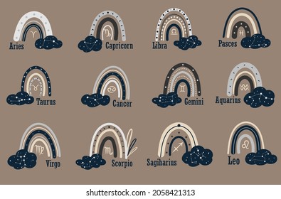 Konstellationen, eine Sammlung von 12 Tierkreiszeichen mit Namen. Aries, Taurus, Leo, Gemini, Virgo, Scorpio, Libra, Aquarius, Sagittarius, Pisces, Capricorn, Krebs. Vektorgrafik