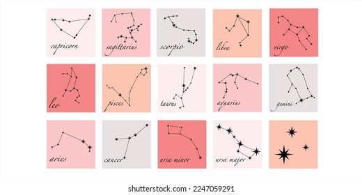 Constellations, collection of 12 zodiac signs + 2 constellations (ursa minor, ursa major) with titles. Aries, Taurus, Leo, Gemini, Virgo, Scorpio, Libra, Aquarius, Sagittarius, Pisces, Capricorn etc.