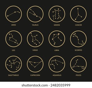 Constellations, collection of 12 zodiac signs with titles. Aries, Taurus, Leo, Gemini, Virgo, Scorpio, Libra, Aquarius, Sagittarius, Pisces, Capricorn, Cancer. Vector.