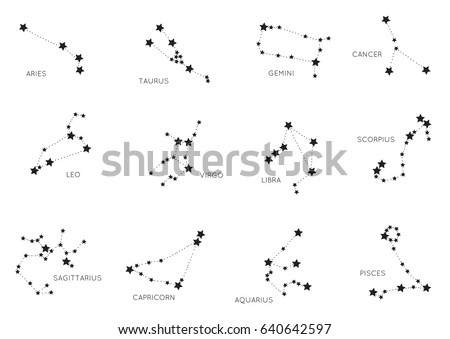 Constellations, collection of 12 zodiac signs with titles. Aries, Taurus, Leo, Gemini, Virgo, Scorpio, Libra, Aquarius, Sagittarius, Pisces, Capricorn, Cancer. Vector, isolated on white background