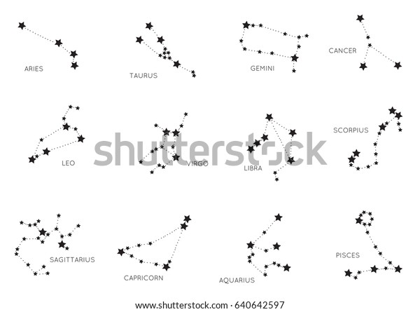 Constellations, collection of 12 zodiac signs\
with titles. Aries, Taurus, Leo, Gemini, Virgo, Scorpio, Libra,\
Aquarius, Sagittarius, Pisces, Capricorn, Cancer. Vector, isolated\
on white\
background