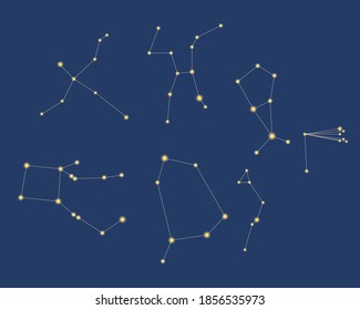 The constellations Coma Berenices, Boo, Ophiuchus, Cygnus, Cyg, Hercules are isolated. Vector stock illustration. The concept of constellations, astronomy. Set of constellations