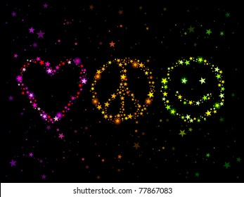 Constellations forming love, peace and happiness symbols