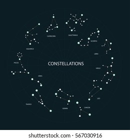Constellations. Horoscope set: Leo, Virgo, Scorpio, Libra, Aquarius, Sagittarius, Pisces, Capricorn, Taurus, Aries, Gemini, Cancer. Gradient blue background