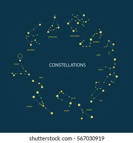 Constellations. Horoscope set: Leo, Virgo, Scorpio, Libra, Aquarius, Sagittarius, Pisces, Capricorn, Taurus, Aries, Gemini, Cancer. Dark  blue background