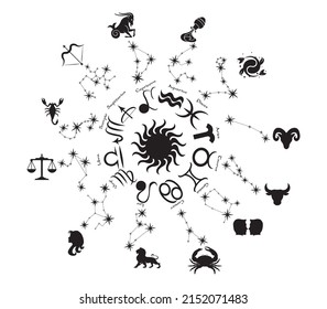 Constellations and horoscope signs chart in silhouette. Horocope calendar. Astrology and zodiac elements.