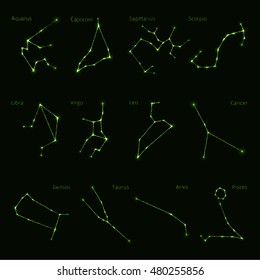 Constellations Illustration Icon, Lights Silhouette on Dark Background. Glowing Lines and Points