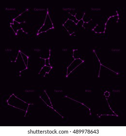 Constellations Illustration Icon, Lights Silhouette on Dark Background. Glowing Lines and Points