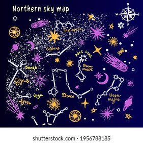 Constellations map in doodle style with planets, comets and stars. Night sky hand drawn astronomical background. 