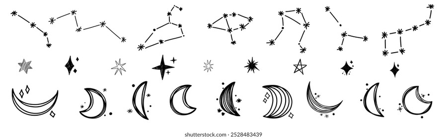 Constellations moon doodle stars bursting space elements. Hand drawn sketch collection.