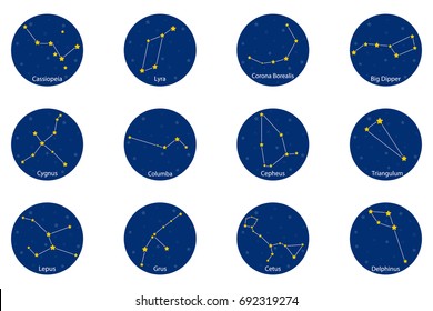 Constellations on blue round background, vector illustration