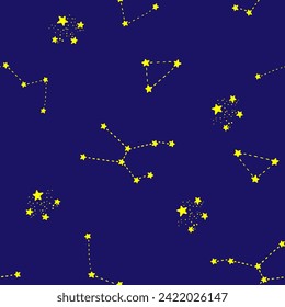 Constellations on dark blue background vector seamless pattern. Stary sky. Wallpaper, print, fabric, textile, wrapping paper, packaging design.