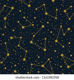 Constellations on dark starry sky vector seamless pattern. Winter Christmas holiday background. Hand drawn space texture.