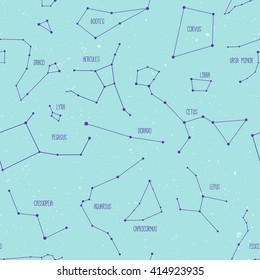 Constellations on light blue background. Seamless pattern.