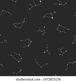 Constellations on the starry sky seamless pattern on dark background in flat style