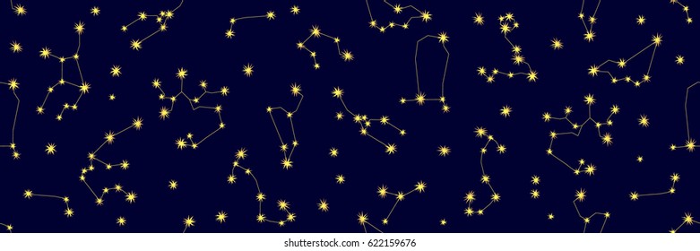 Constellations parade. Wide panoramic seamless pattern with stars on dark blue background.