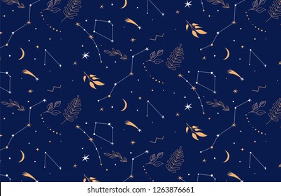 Constellations pattern. Fantasy, night background with stars, planets and leaves