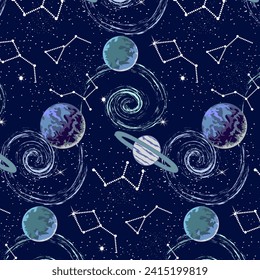 Constellations and planets in a pattern.Vector seamless pattern with planets, constellations and nebulae on a colored background.