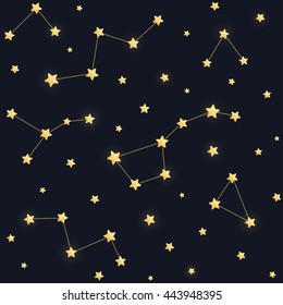 Constellations seamless pattern. Golden stars on dark night sky background.
