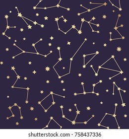 Constellations seamless pattern. Golden stars. Vector illustration.