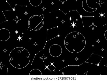 Constellations seamless pattern. Night background with stars, planents