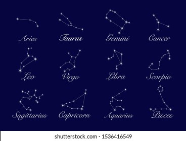 Constellations, set collection of 12 zodiac signs with titles. Aries, Taurus, Leo, Gemini, Virgo, Scorpio, Libra, Aquarius, Sagittarius, Pisces, Capricorn, Cancer. Vector, isolated on blue background